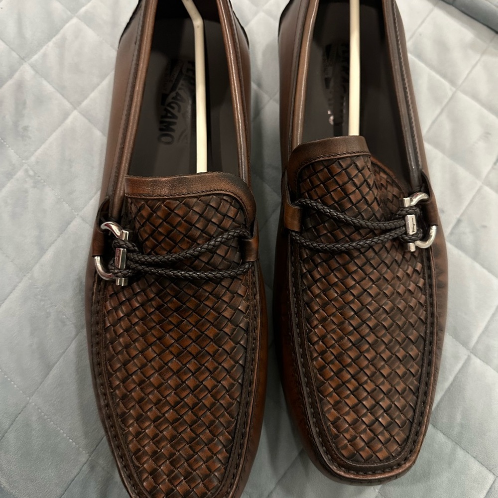 Salvatore Ferragamo Brown Leather Loafers with Woven Design